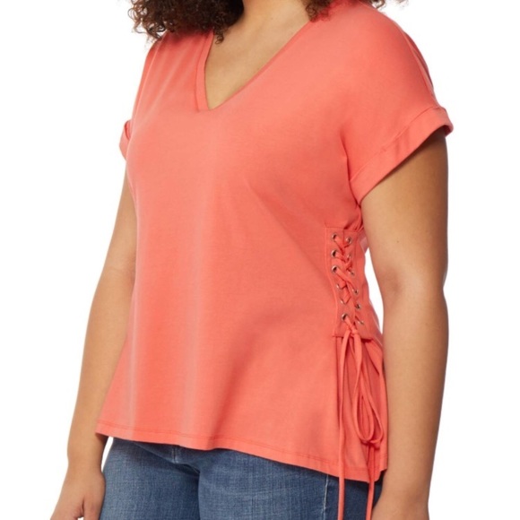 Rebel Wilson Angeles Tops - V-Neck Lace-Up Tee, Size 1X - Pink
